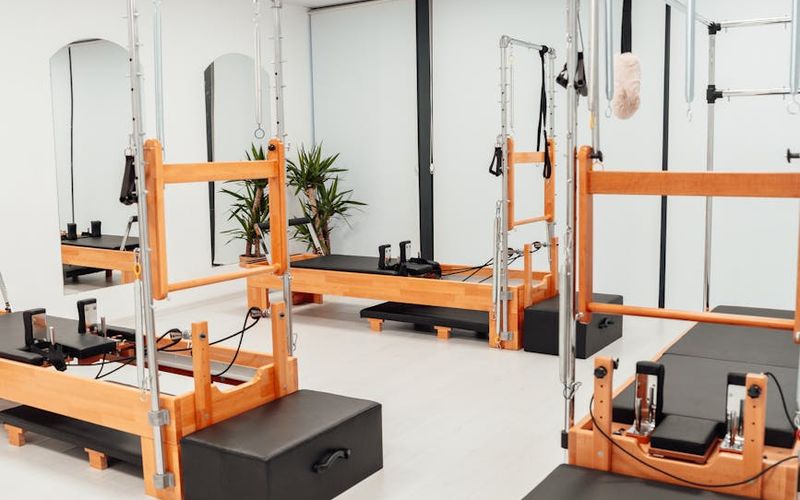 Spacious, bright room ready for an exercise session.